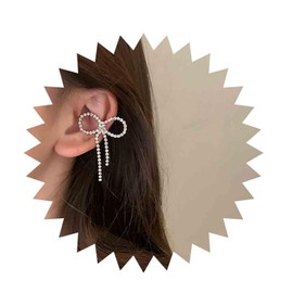 Inilbran Boho Crystal Bow Clip Earrings Vintage Silver CZ Cartilage Ear Clips Rhinestone Bow Clip Cuff Earrings Minimalist Bow Wrap Hoop Earrings No Piercing Earrings Jewellery (Left), Rhinestone