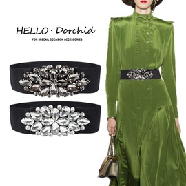 Dorchid Women Rhinestone Belt Crystal Elastic Waist Floral Cummerbund for Dress Black S
