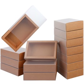 26 PCS Rectangle Drawer Kraft Boxes Small Cardboard Present Packaging Boxes for Party Favor Treats, Candy and Jewelry Crafts, 6.5 x 3.7 x 1.6 inch (Clear frosted, Brown)