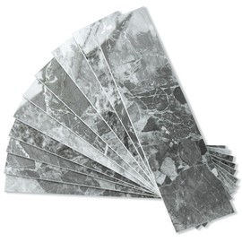 AULIGET 40-Piece Polished Grey Marble with Silver Peel and Stick Backsplash Wall Tiles, 3" x 12" PVC Faux Stone Stick on Tiles for Backsplash Kitchen, Bathroom, Laundry Room, Camper, Fireplace