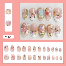 White French Tip Press on Nails with Colorful Flower & Pearl Design Golden Glitter Medium Almond False Nails Full Cover Spring Summer Acrylic Nail Glossy Floral Stick on Nails for Women 24 Pcs