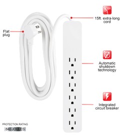 GE 6-Outlet Surge Protector, 15 Ft Extension Cord, Power Strip, 840 Joules, Flat Plug, UL Listed, White, 62936