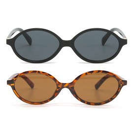 LJCZKA Retro Oval Sunglasses Unisex Classic Fashion 90s Round Oval Small Sunglasses with UV400 Protection, Black grey + leopard brown