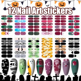 12 Sheets Halloween & Christmas Nail Stickers Full Wraps, Nail Polish Strips DIY Gel Strips for Nails, Santa, Tree, Reindeer & Spiderweb, Cross, Ghost Pattern for Holiday Party Decor Strips