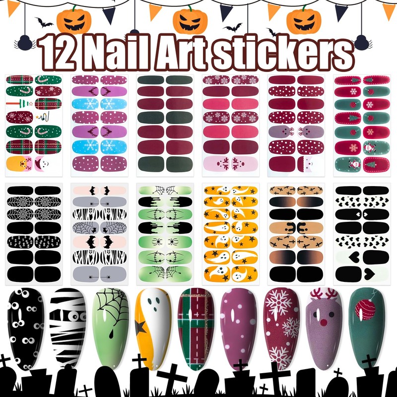 12 Sheets Halloween & Christmas Nail Stickers Full Wraps, Nail