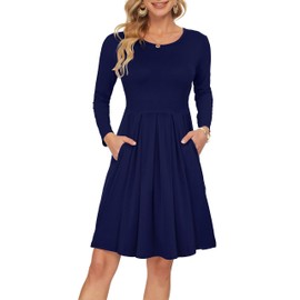 AUSELILY Women's Long Sleeve Fall Dress Casual Pleated Loose Swing Dress with Pockets 2025 New Navy Blue S