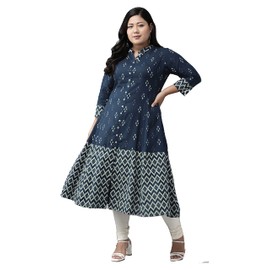 Yash Gallery Kurta de algodón indio con estampado de Ikat para mujer, Azul oscuro., XXL