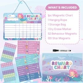 Magnetic Reward Chart for Kids, Behaviour Chart Pad for Children with 52 Behaviour Stickers, 120 Star Stickers for Responsibility, Social, Routine & Potty Training (Mermaid)