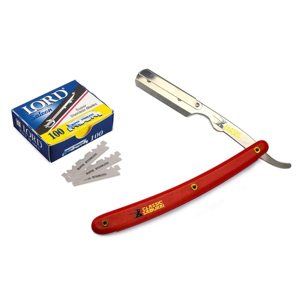 Classic Samurai Stainless Steel Professional Barber Straight Edge Razor with 100 Lord Count Single Edge Razor Blades (Red)