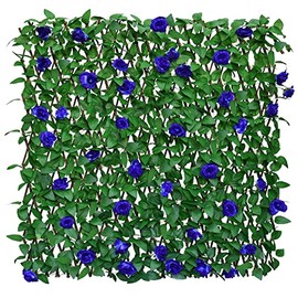 Sumery Expandable Fence Privacy Screen for Balcony Patio Outdoor,Decorative Faux Ivy Fencing Panel,Artificial Hedges (Single Sided Leaves) (1, Blue Flowers)