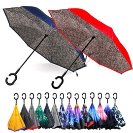 Parquet 2-Pack Double Layer Inverted Umbrellas - Leopard Navy and Red Shaped Handle Reverse Folding Windproof Umbrella for Men and Women