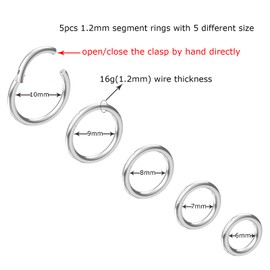 NewkeepsR 5pcs-16G(1.2mm) Hinged Clicker Steel Nose Ring Hypoallergenic Full Hoops, Implant Grade Clasp Setpum Sleeper Seamless Earrings Helix Piercing-6mm/7mm/8mm/9mm/10mm