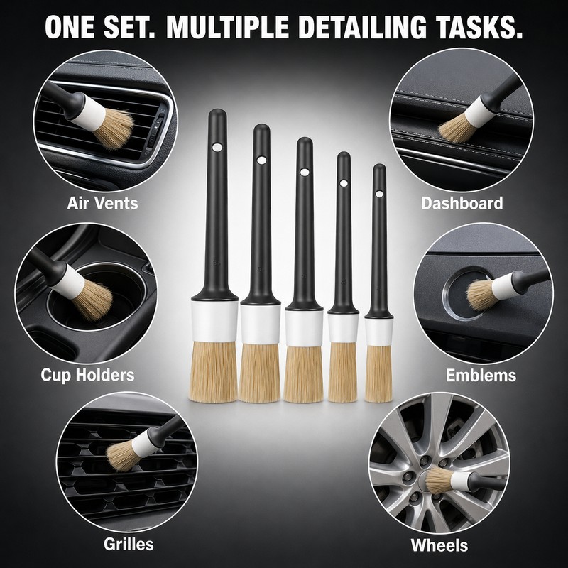 Car Detailing Brush Set, 5-Piece Boar Hair Car Cleaning Brushes