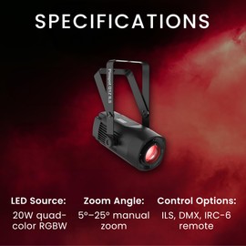 CHAUVET DJ – PinSpot Q1Z ILS Compact LED Pinspot Light | 20W RGBW Quad-Color, Manual Zoom, OLED Display | ILS Instant Light Shows | IRC-6 Remote & ILS Command Compatible | DMX Control