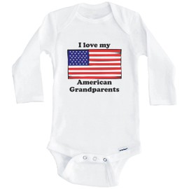 I Love My American Grandparents America Flag Grandchild One Piece Baby Bodysuit (Long Sleeve), 0-3 Months White