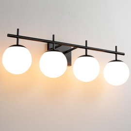 AIJIASI Bathroom Lighting Fixtures Over Mirror, 4-Light Matte Black Vanity Light, 30.7 Inch Modern Bathroom Light Fixtures with Milky White Glass Globe Shade Bath Vanity Lighting Fixtures Wall Sconce
