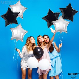 KatchOn, Black and Silver Star Balloons - 18 Inch, Pack of 6 | Black and Silver Star Foil Balloons for Silver and Black Decorations | Black and White Party Decorations | Black Birthday Decorations