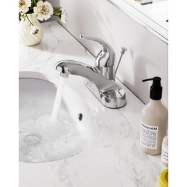 WOWOW Bathroom Faucet 1 Handle Low Arc Single Handle 4 inch Centerset Bathroom Sink Faucet with Lift Rod Drain Assembly Basin Mixer Tap Chrome Vanity Taps