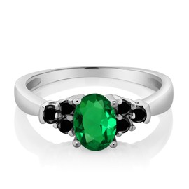 Gem Stone King 925 Sterling Silver Green Nano Emerald and Black Diamond Engagement Ring for Women (0.60 Cttw, Oval 6X4MM, Available in size 5, 6, 7, 8, 9)