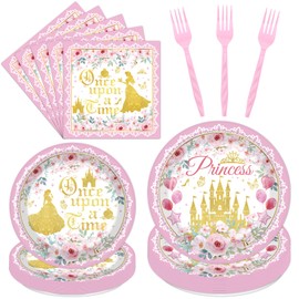 Aposwow Princess Plates and Napkins Forks Decorations, 96PCS Pink Princess Party Decorations Tableware Set, Castle and Flower Disposable Dinnerware for Girls Birthday Serve 24