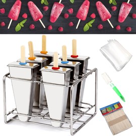 Set of 6 Stainless Steel Popsicle Molds Kit, Metal Popsicle Moulds,Homemade Ice Treat Makerwith 50 Wooden Sticks and 6 Silicone Seals and 20 Pop Bags,Cleaning Brush（Watermelon）