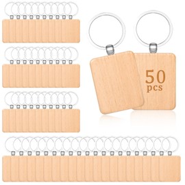 50 Pcs Wooden Keychain Blanks Laser Engraving Blanks Wood Blanks Key Chain Bulk Unfinished Wooden Key Ring Key Tag for DIY Gift Crafts