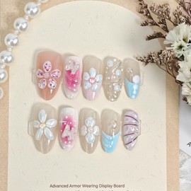 PBPCGBW 30Pcs Medium Almond French Tip Fake Nails with 3D Flowers, Butterflies, Rhinestones & Glitter Design - Full Cover Pink Gradient Acrylic Nails - 24pcs Summer Press On Nails Set