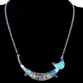 BONSNY Statement Enamel Alloy Cat Necklaces Pendant for Women Jewelry Gift Charms Original Design (Blue)
