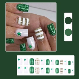 St. Patrick’s Day Fake Nails Square Short Press On Nails White Green Nails Press Ons With Shamrock Designs Acrylic False Nails Glossy Glue On Nails Short Full Cover Stick On Nails For Women