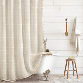 Awellife Flax Linen Shower Curtain Farmhouse Boho Plaid Beige Tassel Shower Curtains for Bathroom Natural Cloth Cotton Fabric Cream 36 x 72 Inch