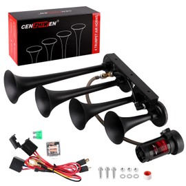 Cenzhiwen Train Horn Kit 12V 150db Super Loud, Drill horn Metal Air Horns replacement 4 Trumpet with compressor suitable for pickup/motorhome/SUV/truck/train/boats and other cars (4-Trumpet)