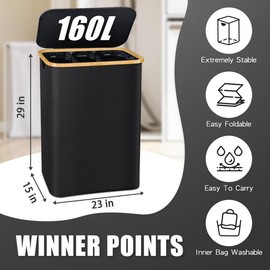 160L Extra Large Laundry Hamper with Removable Bags- 3-Section Divided Organizer with Removable Bags Basket for Clothes, Foldable, Easy Storage Household Bamboo Bin organization products laundry basket,Easy to Install:_Black_160L