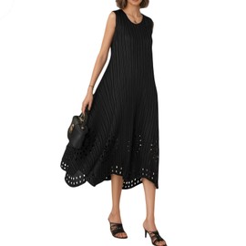 Shangeek Black Summer Midi Dress for Women Round Neck Sleeveless Wrinkle-Free One Size Casual Outfits