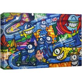 SIGNWIN Framed Canvas Wall Art Colorful Happy Sharks Cartoon Graffiti & Street Art Famous People Pop Art Modern Urban Multicolor for Living Room, Bedroom, Office - 12x18 inches