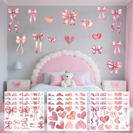 Qpout 12 Sheets Pink Bow Heart Wall Stickers for Girls Room, Pink Bow Wall Decor, Wall Decals for Girls Women Bedroom