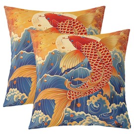 jejeloiu Koi Fish Cushion Case Japanese Wave Throw Pillow Covers for Kids Teens Adult Ukiyoe Theme Decor Pillowcase Yellow Blue Indoor Outdoor 16"x16" Set of 1