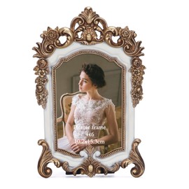 QUTREY Vintage Picture Frame 4x6, Luxury Ornate Antique Photo Frame for Vertical 4 by 6 inch Pictures for Wall and Tabletop, Old Fashioned Art Decor Frame, Gold and White