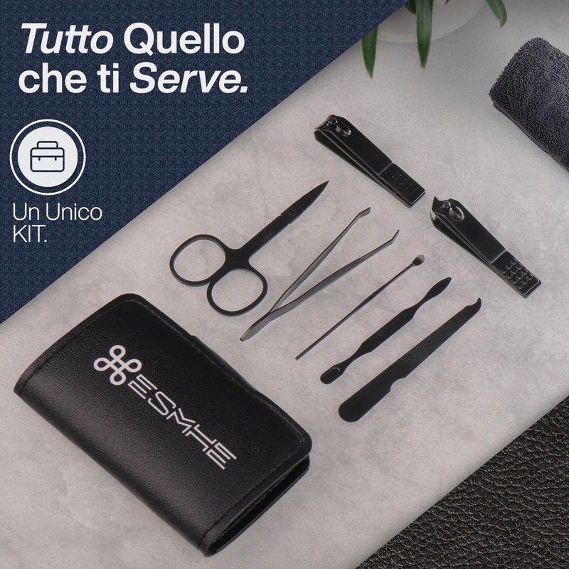 ESHMHE Professionelles Maniküreset, 7-teilig, mit schwarzem PU-Etui, Unisex, für Hand-