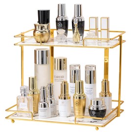 QTTCMY 2 Tier Bathroom Cabinet Countertop Organizer Perfume Lipstick Makeup Organizer Cosmetics Storage Display Rack Vanity Tray Metal Dresser Storage Shelf White Marble Ceramic Tray Golden
