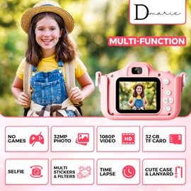 DIMARIE Kids Camera for Boys and Girls, Toddler Camera for Kids Age 3-12, Christmas Birthday Gifts for Kids, HD Video Digital Camera with 32GB SD Card, Cameras for Kids with Soft Pink Silicone Cover