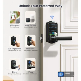Veise VE029 WiFi Smart Lever Lock, Fingerprint Keyless Entry Door Lock with Handle, Built-in WiFi, Remote App Control, Electronic Digital Knob for Front Door and Bedroom, IP65 Waterproof, Matte Black