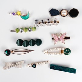 11Pcs Pearl Acrylic Resin Hair Clips Set - Cute Macaron Alligator Hair Barrettes, Duckbill Bobby Pins, Glittering Hair Accessories for Women Girls Decorative Wedding (11Pcs-Dark Green)