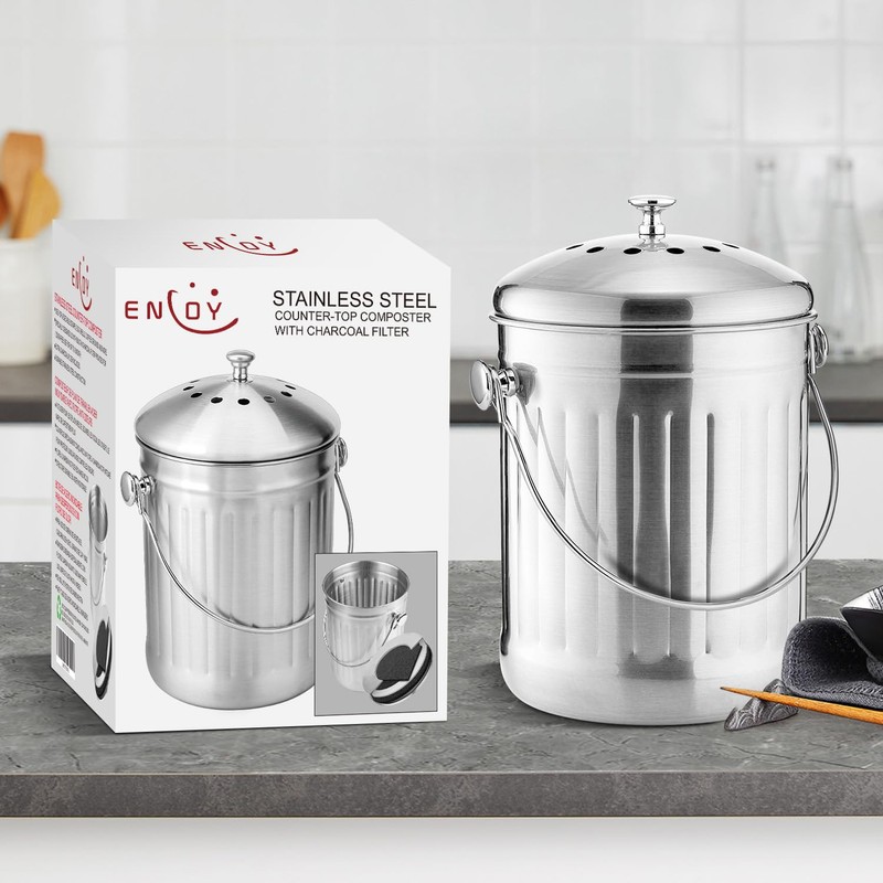 ENLOY Compost Bin for Kitchen Countertop, 1.3 Gallon Stainless Steel
