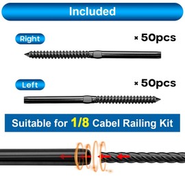 TooTaci 100 Pack Black T316 Stainless Steel Black Right & Left Handed Thread Swage Lag Screws for Wood Post of Cable Railing, Decks, Balconies, Stairs- Marine Grade Cable Railing Hardware 1/8"
