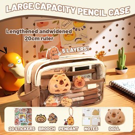 FENQURO Capybara Pencil Case, Capybara Pencil Case, Transparent Capybara Pencil Case with Compartments, Wide Mouth Pencil Case for Stationery, Cosmetics, Toiletries, Multicolor