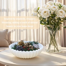 Iemegumi Decorative Bowl for Home Decor - White Large Decorative Fruit Bowls for Coffee Table - Scalloped Ruffle Centerpiece key Bowl for Entry Table - Morden Round 10" Aesthetic Decor