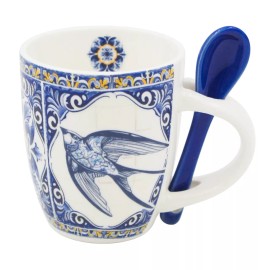 Gift Souvenirs Portuguese Ceramic Espresso Cup with Spoon – Blue Swallow Azulejo Design