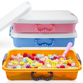 Suzile 3 Pcs Small Portable Sand Tray with Lid, Colorful Plastic Sand Box with Handles, 14.96 x 9.84 x 3.35 Inches, 3 Colors (Blue, Orange, Pink)