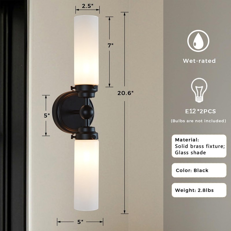 Double Cylinder Glass Wall Sconce,Modern Steel Bathroom Vanity Light, Spherical