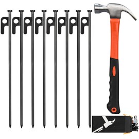 Tent Stakes and Hammer Set, 8 Pack 12in Heavy Duty Forged Steel Tent Stakes + 11in Camping Hammer + Storage Pouch, Available in Rocky Place(8 Pack 12in Stakes + Hammer)